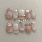 うるうる淡色チェック 𓂃 𓈒𓏸 ネイルチップ　ブライダル　結婚式　卒業式　入学式　マグネット　ゴールド　秋ネイル　冬ネイル