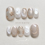 eternally ネイルチップ　つけ爪　ニュアンスネイル  淡色　ホワイトベージュ　くすみピンク　ミラーフラワー　奥行き　ぷっくり　ゴールド　シルバー 秋　成人式 前撮り　結婚式