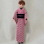 ジェニー・momoko 着物　ハロウィン　ピンクx黒・ドット　猫の帯