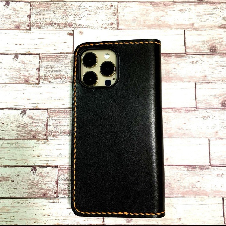 サイドポケット付き 栃木レザー ブラック iPhoneケース スマホケース