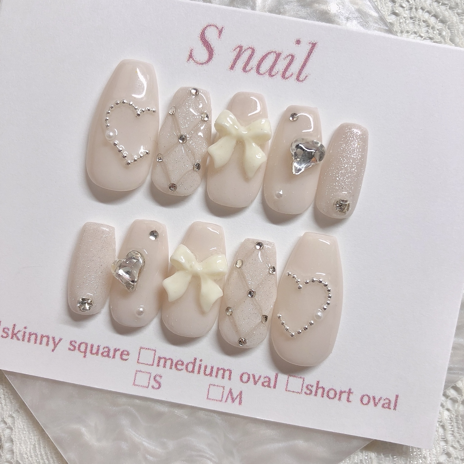 ネイルチップ ピンクベージュ マグネットネイル リボン ストーン