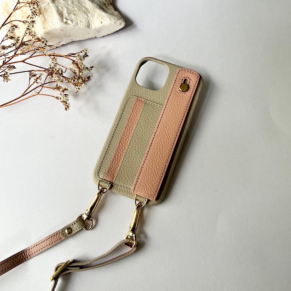 名入れ　カード収納　本革　レザー　ショルダー　ハンド付き　名入れIPHONEケース　Pinkbeige+greige