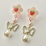 いちご リボン キッズ イヤリング kids 子供 蝶々 クリア  キラキラ ピンク ラメ strawberry プレゼント 女の子 発表会 パール