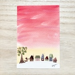 🏠透明水彩画「夕焼けの街並み」 北欧イラストポストカード２枚セット🏠