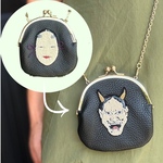 【ビーズ刺繍とレザー】表裏🪡般若とおかめのがま口ショルダー財布　（5つ限定）ミニバッグ　チェーン　