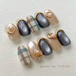 no.191 チェックネイル　マットネイル　ニットネイル　マグネットネイル　ビジューネイル　ミラーフレンチ　ぷっくりネイル　