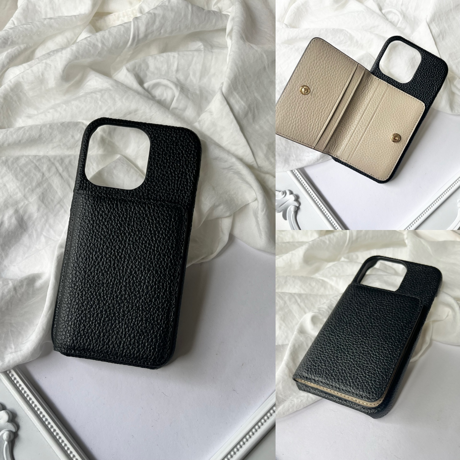 名入れ可　iphone 本革　レザー カード 収納  名入れ レザーiphoneケース  black+ greige