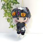 ハロウィン柄グレーTシャツ＆ブラックズボン＆カボチャのリバーシブル帽子＆ハロウィン柄グレーの小物入れ4点セット