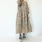 【期間限定★50％OFF】草花柄のゆったり長袖ワンピース＊国産コットンリネン＊ポケット付＊ラグランスリーブ＊植物　ボタニカル　北欧風＊ウォームベージュ