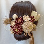 【受注制作】えんじ　生成　ちりめん　つまみ細工　髪飾り　ヘアアクセサリー　成人式　結婚式　入学式　卒業式　七五三　袴　和装　Uピン　タッセル　和玉　水引　かすみ草