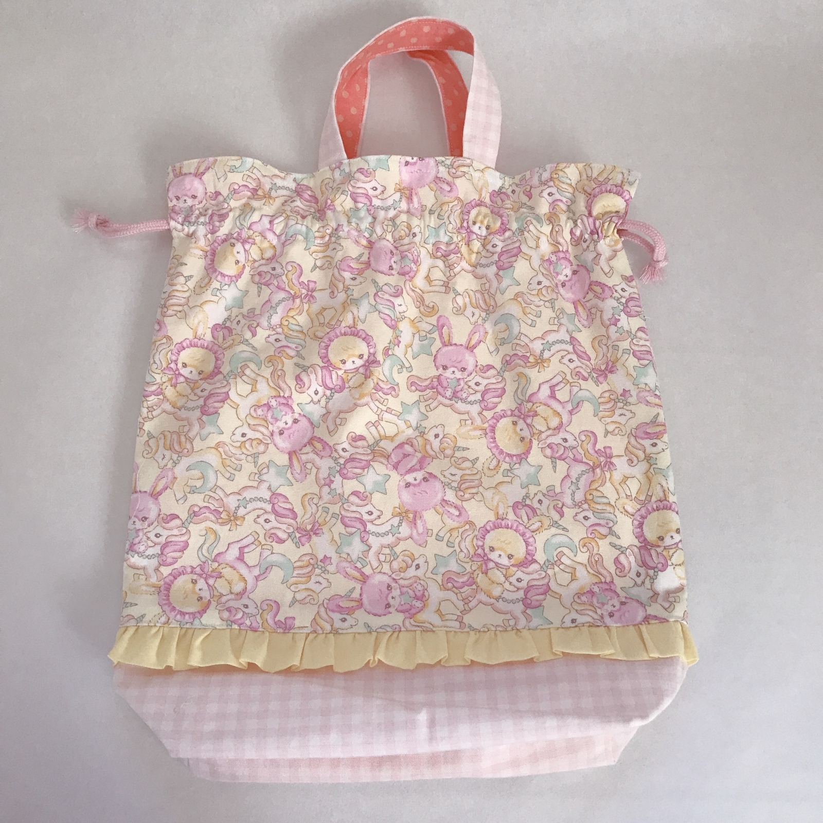 入園入学グッズ☆3点セット☆ユニコーンラビットイエロー×ピンクギンガムチェック　うさぎ　黄色