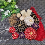 【受注制作】縁取り　ちりめん　赤　黒　白　紫　つまみ細工　髪飾り　ヘアアクセサリー　成人式　結婚式　入学式　卒業式　七五三　袴　和装　Uピン　タッセル　水引 　かすみ草　和玉