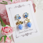 【再販】Heart Bijou & Strawberry ～Blue～ イヤリング ピアス ハート ビジュー 苺 ストロベリー リボン キラキラ ガーリー