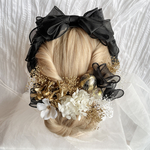 ブラックリボンカチューチャ×プリザーブドフラワーゴールド髪飾りセット//成人式　卒業式　結婚式　和装　着物　振袖　袴　前撮り　ヘアアクセ　ウエディング　金髪　黒リボン　ヘアバンド