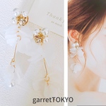 【超人気☆】花びらイヤリング　結婚式　花　ピアス　ゴールド　ボリューム　インスタ　パール　ビジュー　２段　すりガラス　花束　ブライダルアクセサリー　ウェディング　インスタ　人気