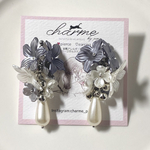 【fleur】 チャコール シルバーver 白 ホワイト花 パール ロング ピアス イヤリング プレゼント ギフト ブライダル ウエディング 結婚式 お呼ばれ