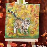 落ち葉の中の猫の絵　小さい絵　絵　猫アート　猫の絵　猫