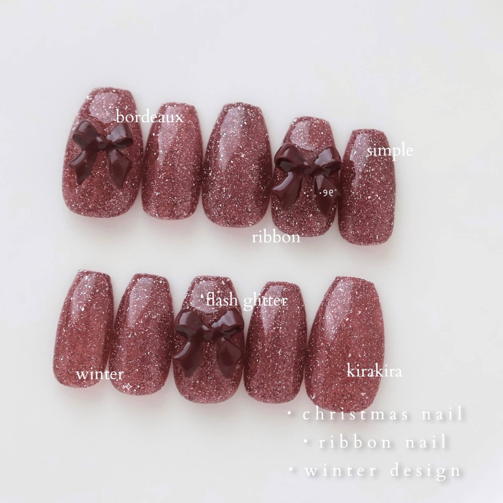 size order】ネイルチップ バレンタインネイル リボンネイル ボルドー 
