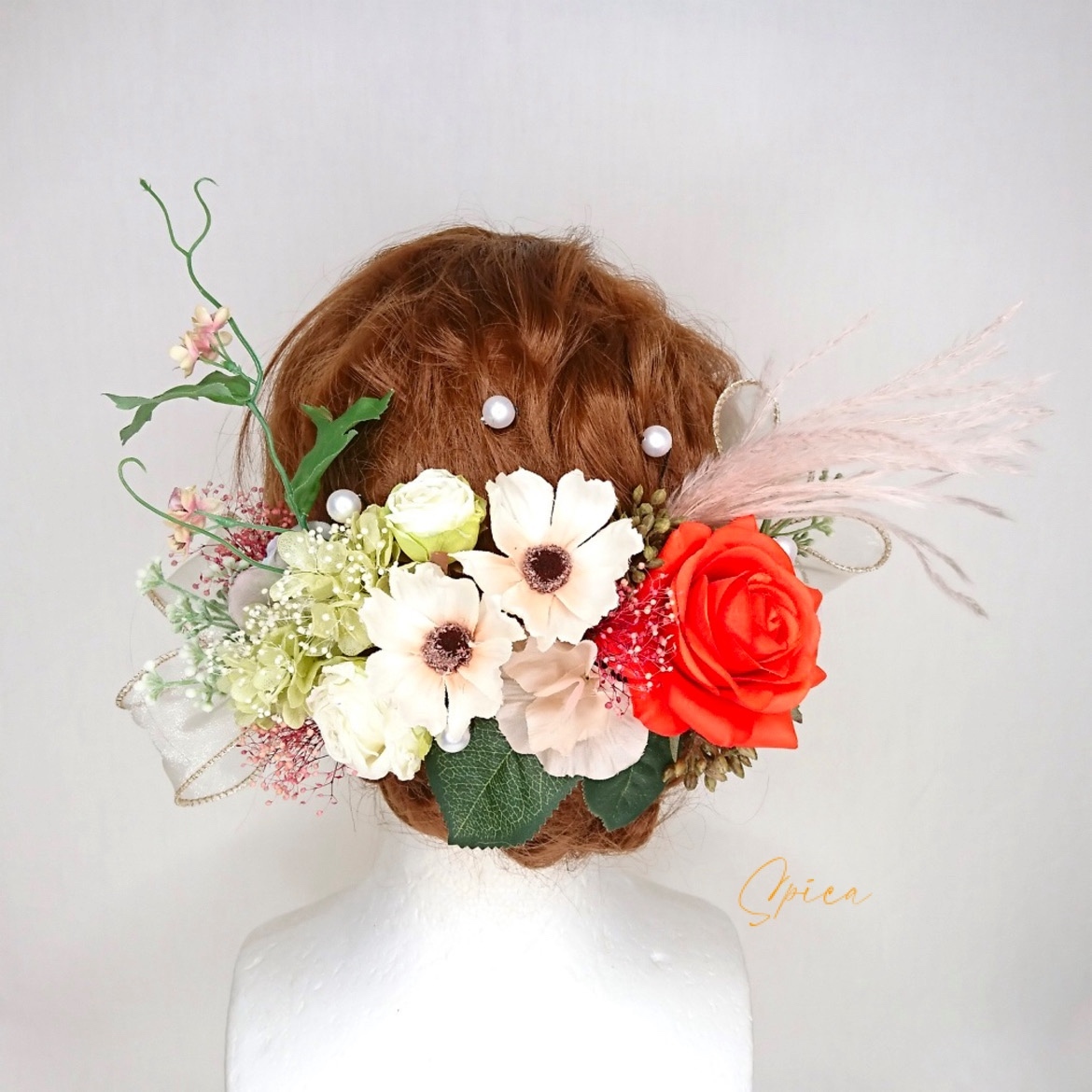 ローズとコスモスとプリザ紫陽花の髪飾り ヘッドドレス 卒業式 成人式 造花 オレンジ アーティフィシャルフラワー プリザーブドフラワー ウエディング グリーン ピンク ホワイト