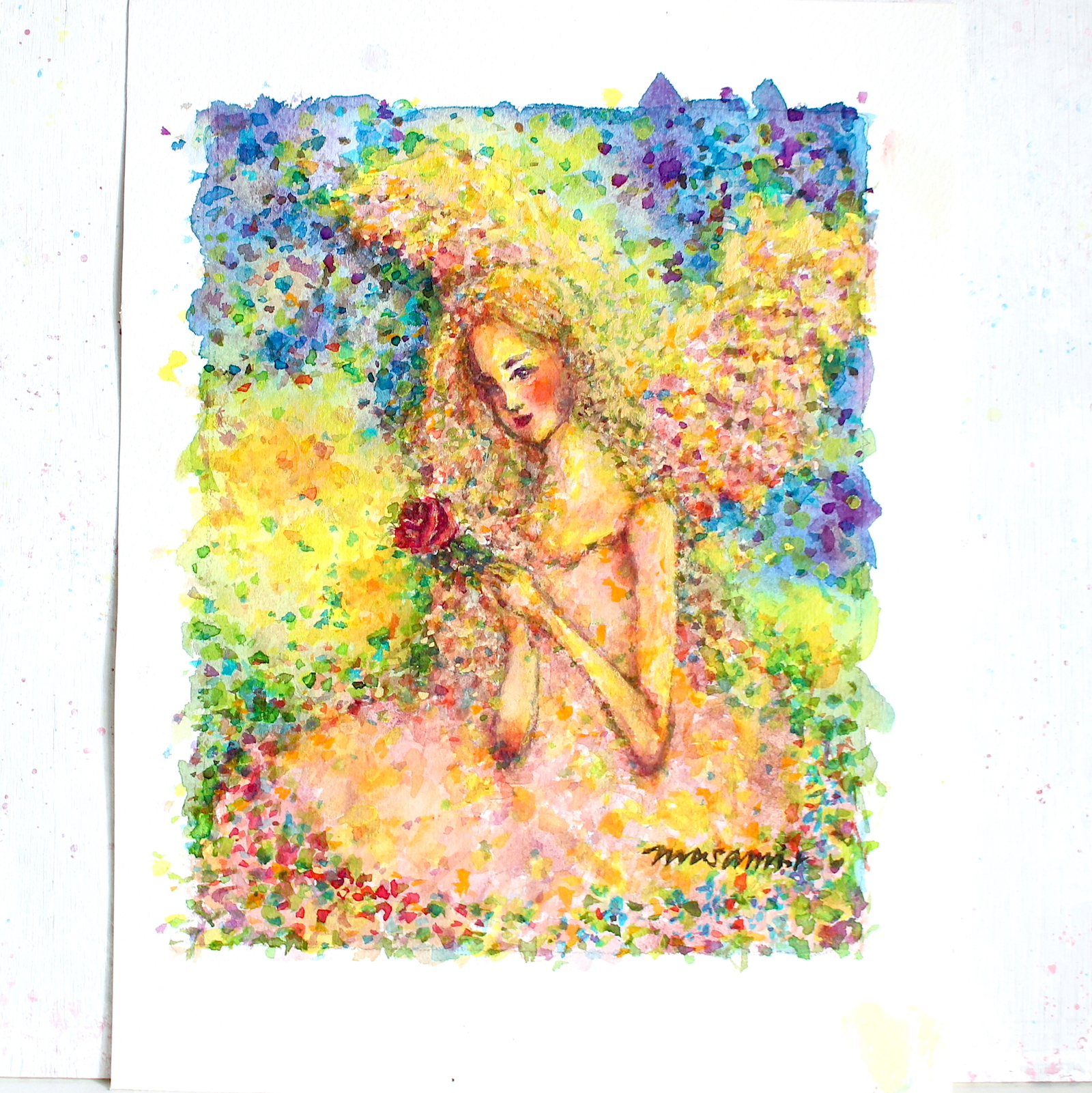 女性の絵 水彩画 原画 額付き「薔薇色の頬」 女性の絵 水彩画 原画 額付き「薔薇色の頬」 - maison de masami