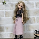 NO,485リカちゃん服　ペールピンク　コーデュロイワイドパンツ　オシャレペプラム ブラウス　秋のお出かけコーデ　リアルクローズ