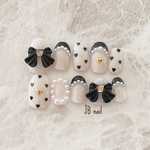 黒リボン＋フレンチ＋ハートドット＋パール♡ レトロネイル　ガーリーネイル　ハートネイル　黒フレンチ　リボンネイル