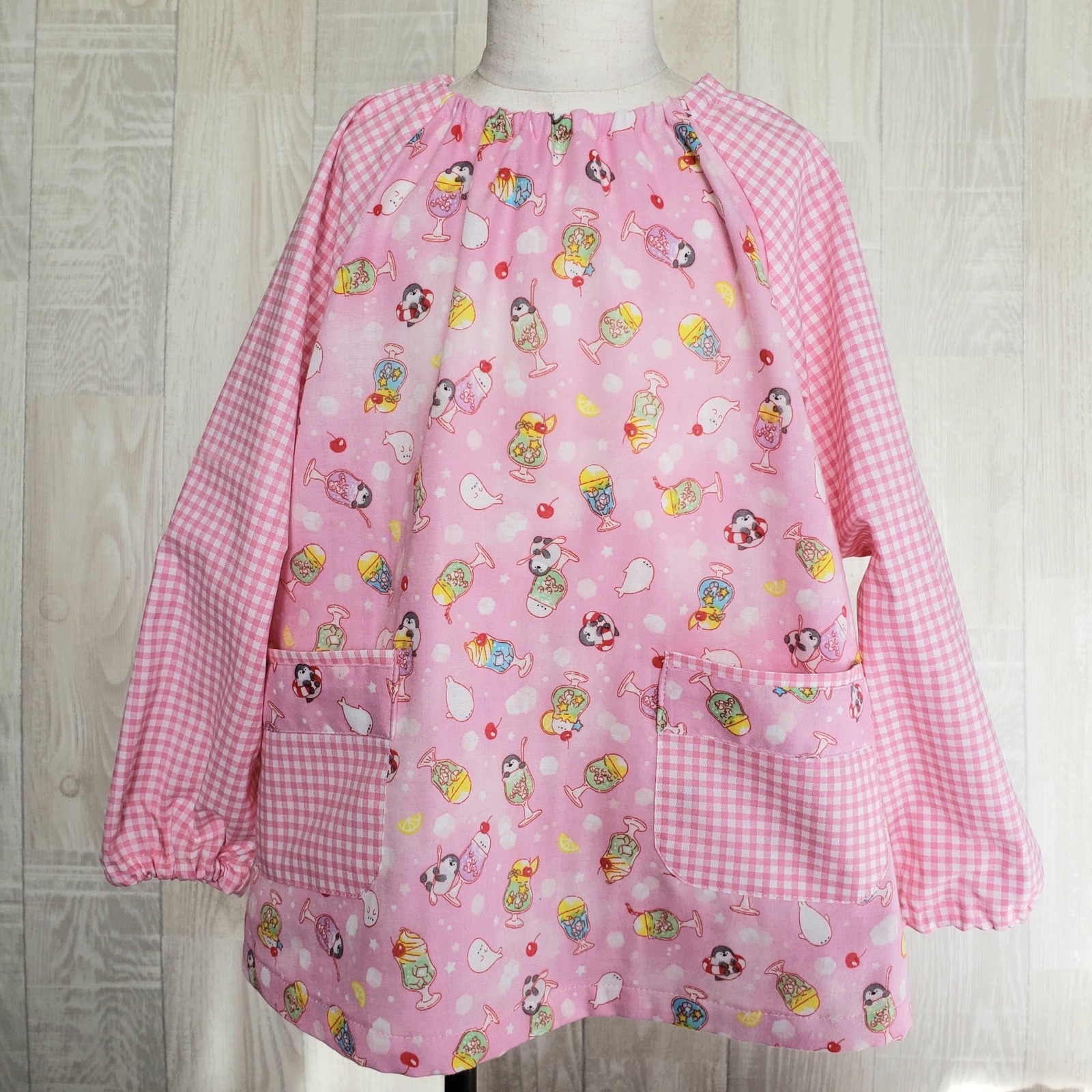 80～130size メルヘンユニコーン ピンク 前ボタン 長袖スモック