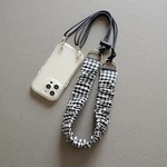 モノトーン 綿麻チェック柄 小　くしゅくしゅギャザー付け替えショルダー紐 スマホショルダー リネン パラコードスマホストラップ