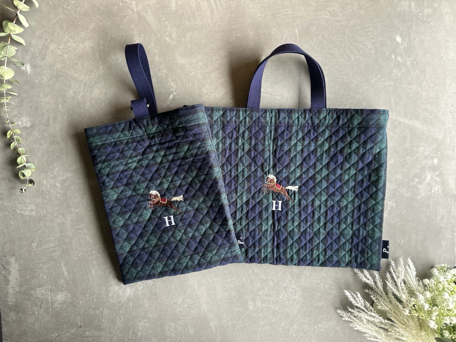 ハンドメイド オーダー レッスンバッグ キルティング 上履き入れ チェック ☆キルトの先生が製作☆【送料無料】レッスンバッグ 上履き入れ 2点