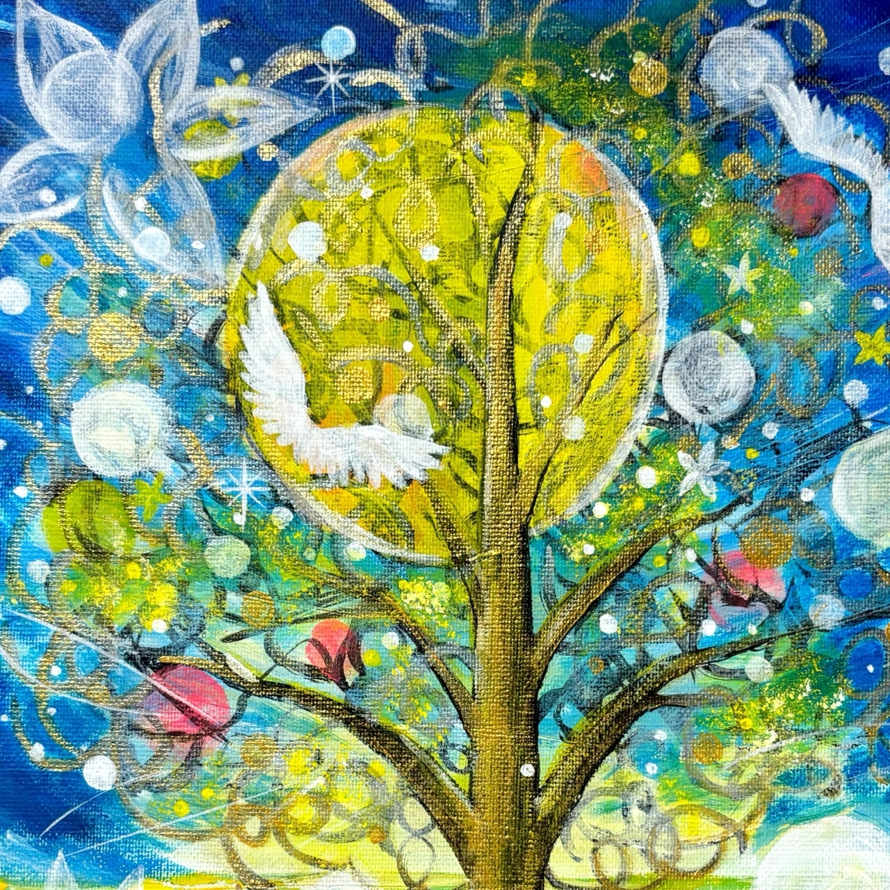 原画 『希望の輝き』 翼 羽根 鳥 羽 樹木 青空 星 bird おしゃれ