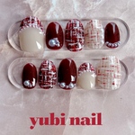  秋冬 ボルドー ツイード フレンチ パール ネイルチップ