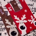 sale トナカイ赤と茶/ニットバッグ英字リボン付き/サブバッグ、トートバッグ、ご近所バッグ