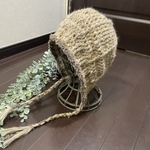 ☆耳まで暖かい ボア付き ニットフード/ボンネット☆ネップラメ入りモカ
