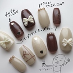 ネイルチップ　#80 新作　ブラウン　ホワイト　くすみ　甘　リボン　パール　