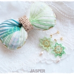GWお休みをありがとうございました企画!!　Otona ribbonバレッタ&Tatting Laceピアス(イヤリング)セット　collor：緑滴