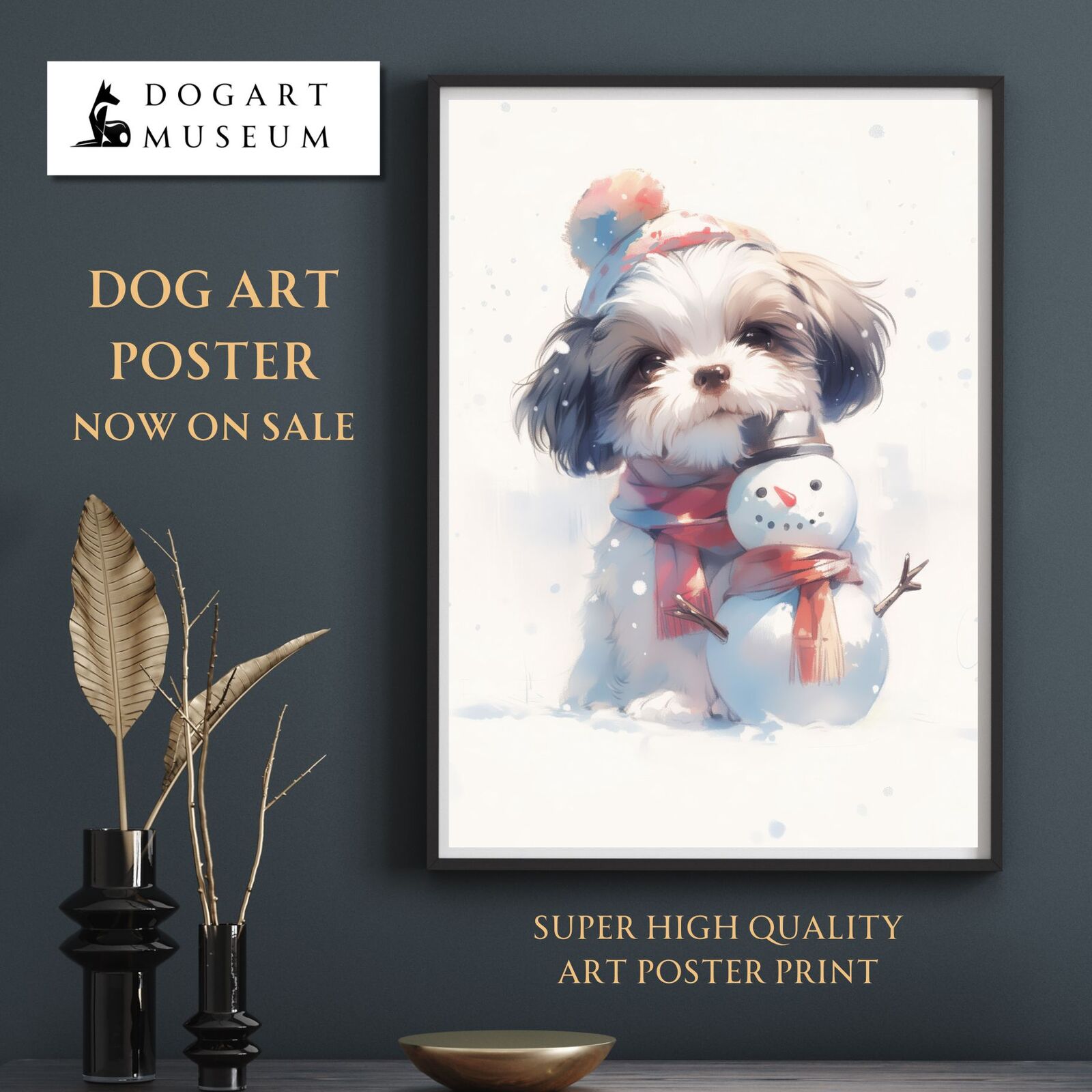絵画。原画手描き【雪が降る冬、かわいい犬と猫の楽しい写真記念】