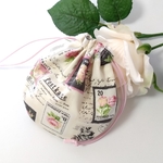 ・《小サイズ》丸い巾着ポーチ・薔薇の切手　＃n1002・
