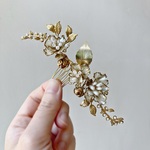 パール色の花とヴィンテージリーフ　ヘアアクセサリー　結婚式　披露宴　二次会　パーティ