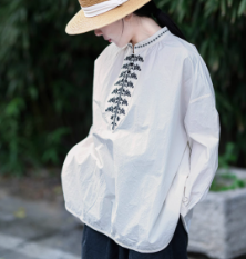 レトロ 刺繍 立襟 長袖 ゆったり 純綿 上着
