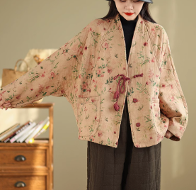 ヴィンテージ 綿麻のゆったり とした 丸襟の長袖 保温 コート