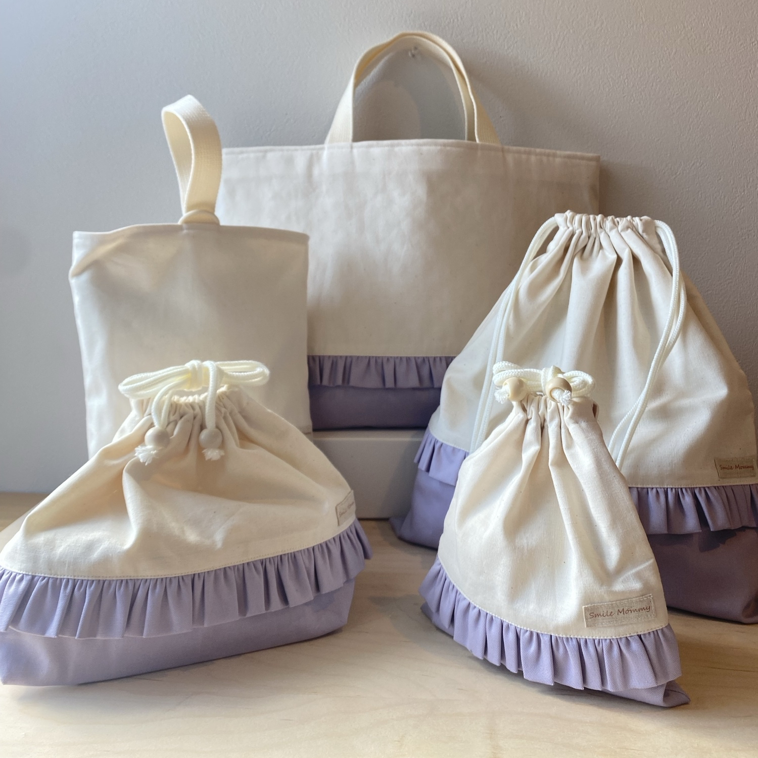☆入園入学グッズ☆　ハンドメイド5点セット（フリル）アイボリー×ラベンダー