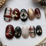 Xmas colors trad style nail tips クリスマス ホワイト ネイルチップ 白 リース クリスマスツリー リボン 冬 雪 クリスマスネイル 赤 緑 ボルドー チェック 