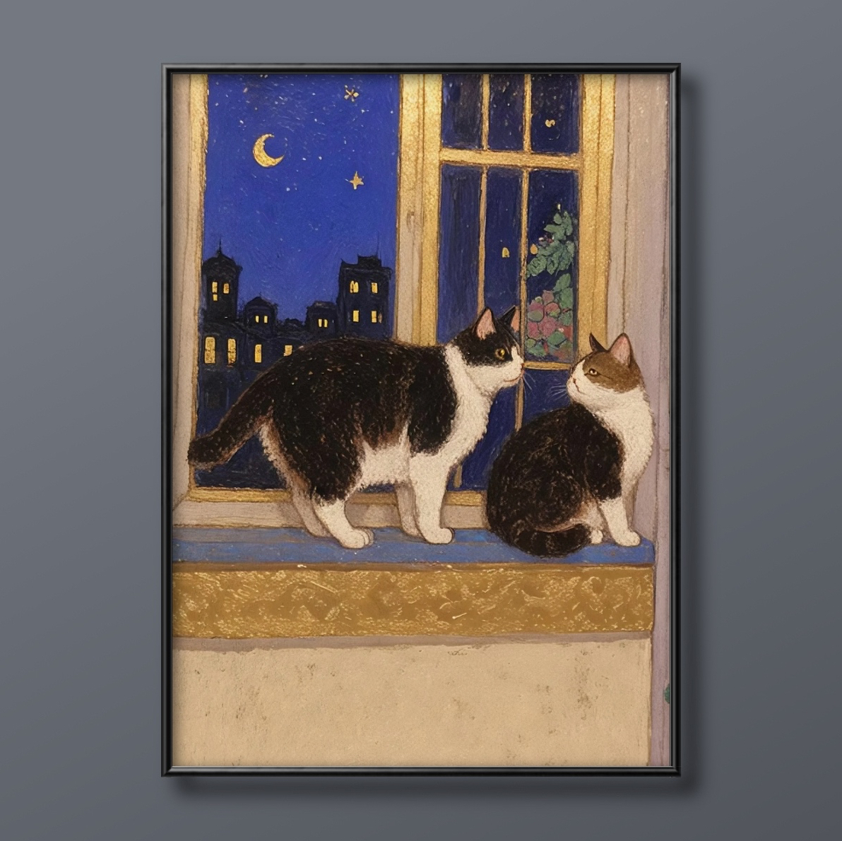 絵画 | イラストポスター 47 ☆ 【猫たちが窓辺で美しい夜景を見ている