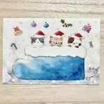 🎄透明水彩画「猫たちのクリスマス」イラストポストカード２枚セット 猫　ねこ　ネコ　クリスマスカード　クリスマス　クリスマスプレゼント　クリスマスギフト　バースデーカード