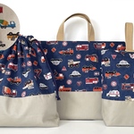 2色　働く車たち★レッスンバッグ3点セット　入園入学　男の子　サイズ選べる　キルティング 対応　オーダーOK  受注製作　上靴袋　お着替え袋　カッコイイ　小学生　工事車両