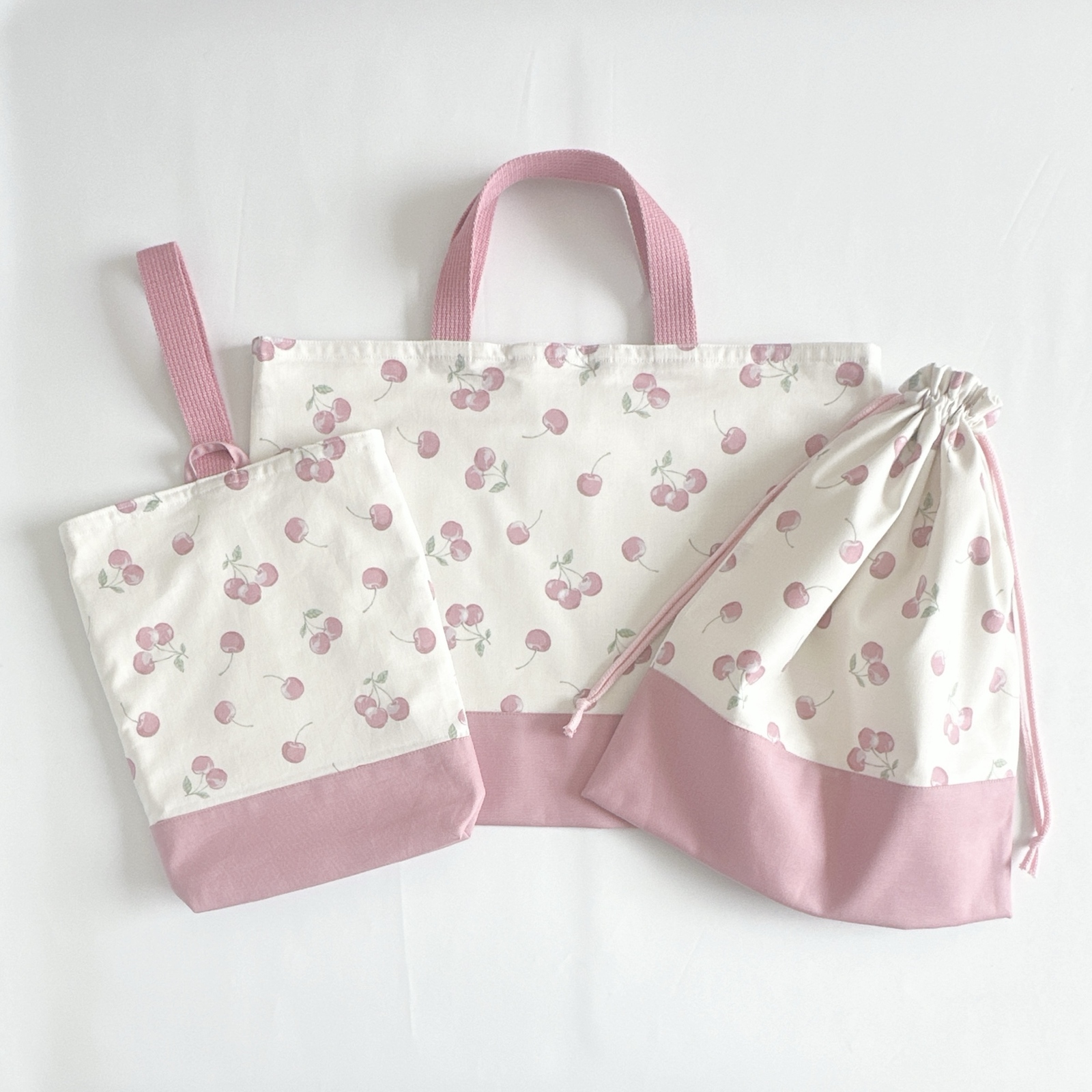 さくらんぼ（くすみPK）　北欧　入園　入学　セット　女の子　ハンドメイド 新作 入園セット 入学セット 北欧調 さくらんぼ チェリー 女の子