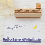 クリスマス夜の街並みと三日月 はんこ