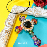 【カトリーナ✝️】カラフル マルチカラー スターフラワー クロス 十字架 ボタニカル レトロ ドライフラワー ガラス ビジュー レトロ ワイヤー キーホルダー バッグチャーム