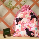 桜・市松にゃんこ＊ぺたんこ巾着(ピンク)
