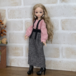 NO,489リカちゃん服  ヘリンボーン　タイトサスペンダースカート　袖ふんわり　オシャレブラウス　秋のお出かけコーデ　リアルクローズ